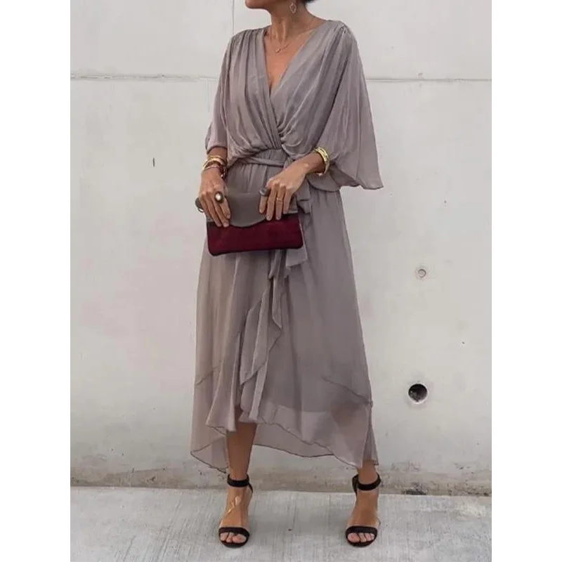 2025 New Women's Solid Color Belted Maxi Dress - Batwing Sleeve Asymmetrical Hem Casual Elegant Long Dress Boho Chic Style