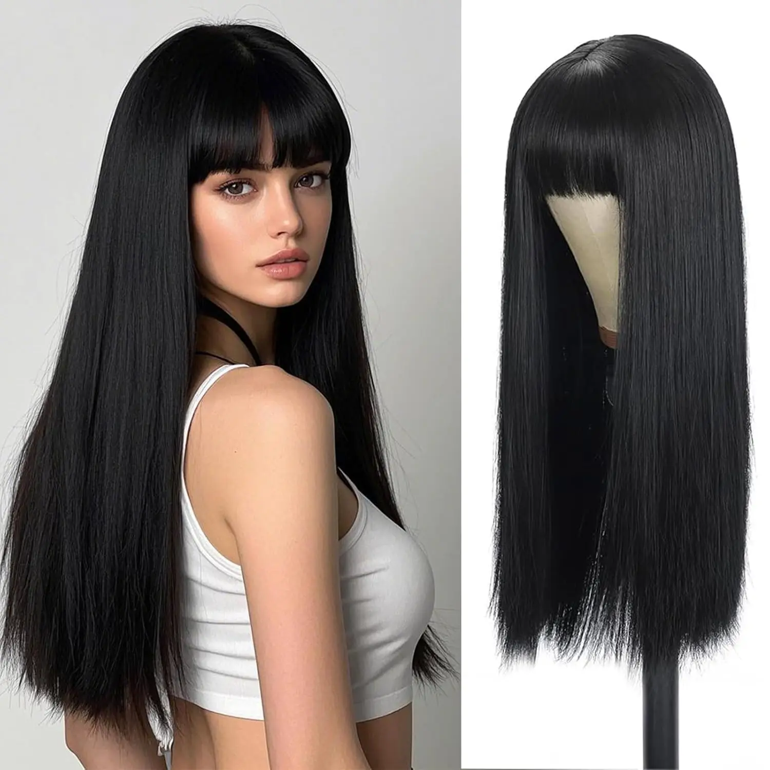 

Long Black Wig 26Inch Black Wig With Bangs, Heat Resistant Fiber Layered Synthetic Wig For Cosplay Christmas Gifts Party Used