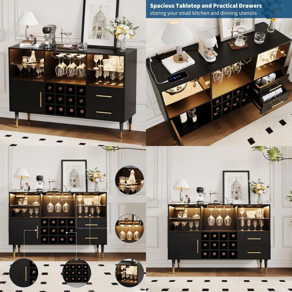 خزانة بار النبيذ المنزلية الحديثة القائمة بذاتها مع إضاءة LED وبار القهوة ورف النبيذ ومحطة شحن #1