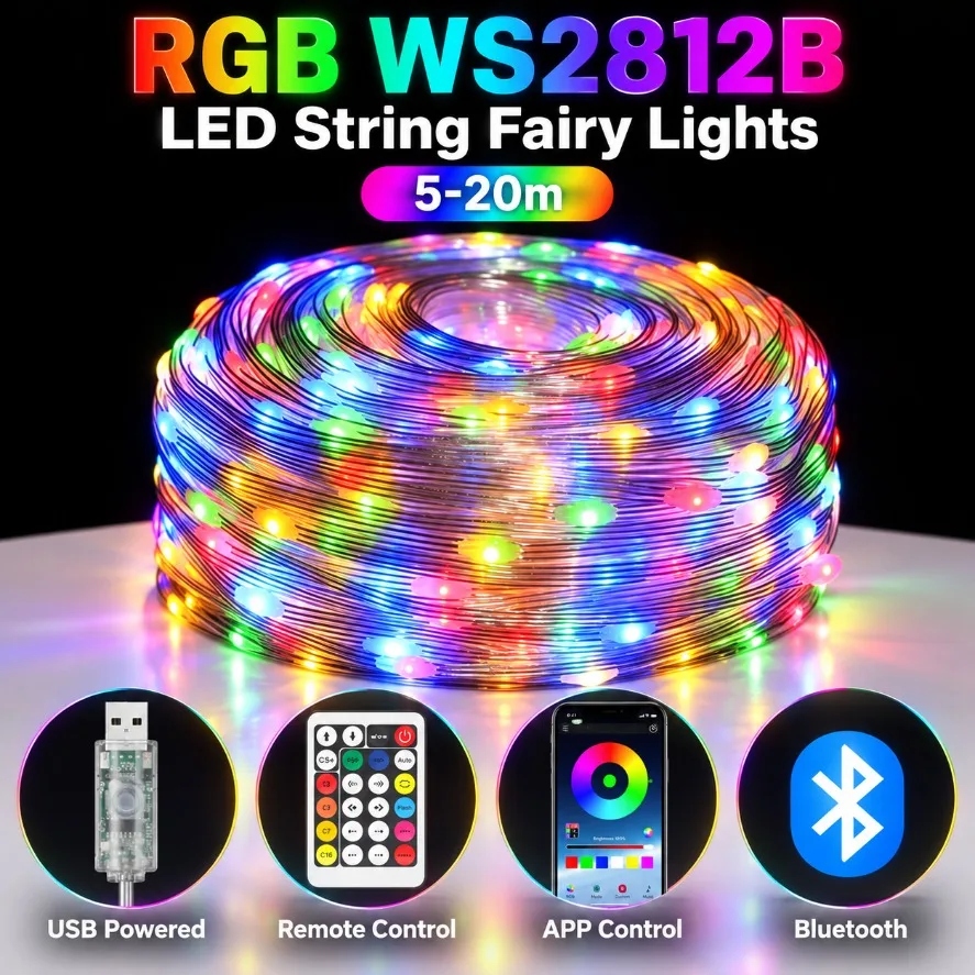 5-20m WS2812B RGB LED Fairy String Lights Bluetooth APP Remote Control Addressable LED String Light for Party Home Decor