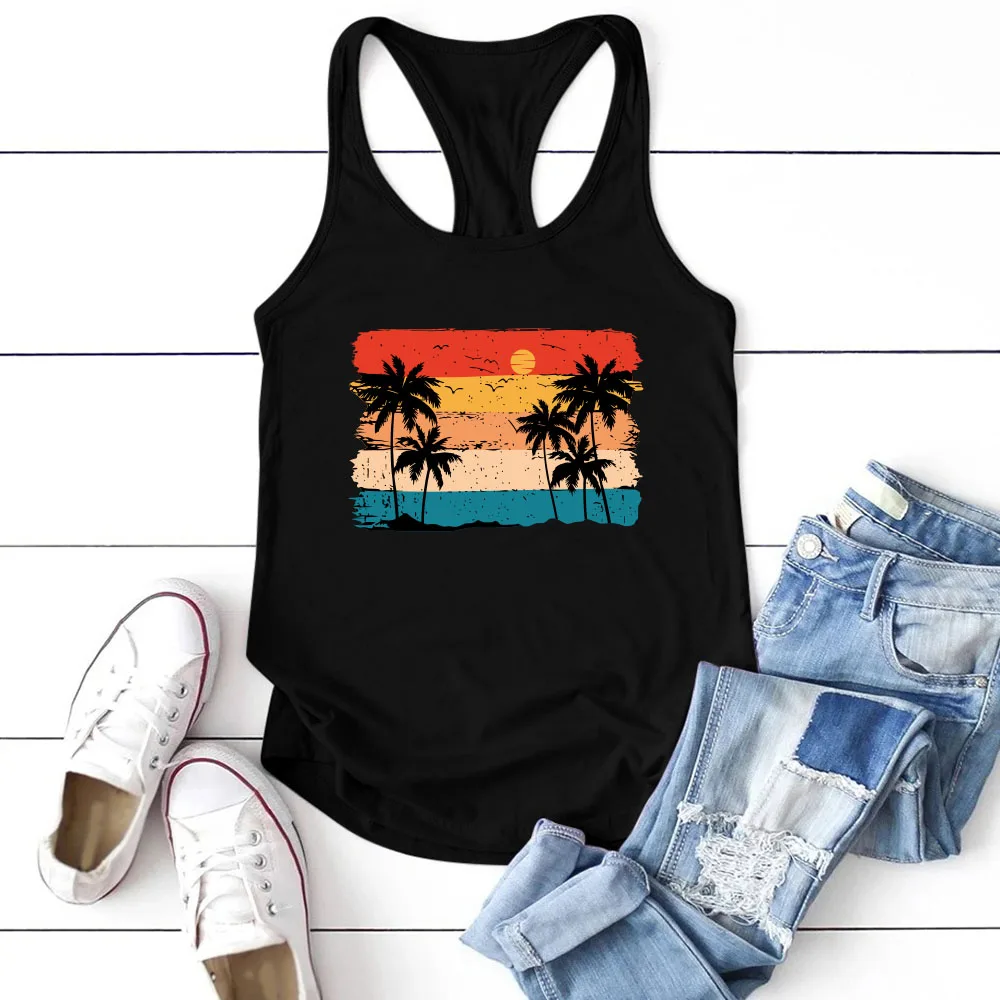 Seeyoushy Coconut Tree Sunset Print Printed Tank Top Summer Casual Vacation Vest Women's O-neck Sleeveless T-shirt Ropa De Mujer