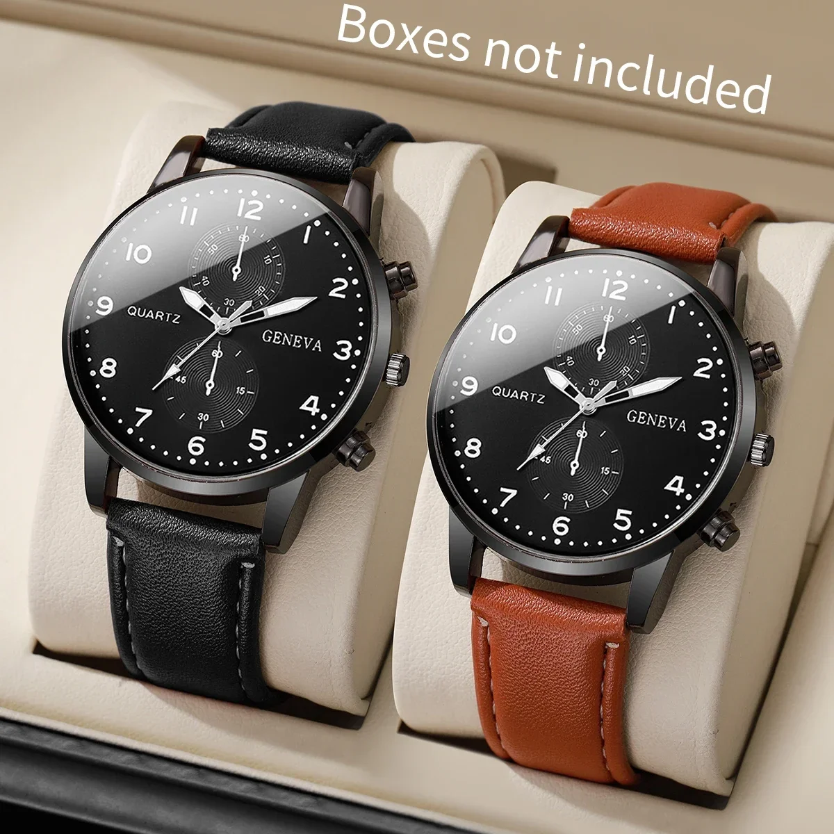 

2pcs Men's leather strap watch, high-end Hong Kong style fashion watch, business two eyed watch, men's watch