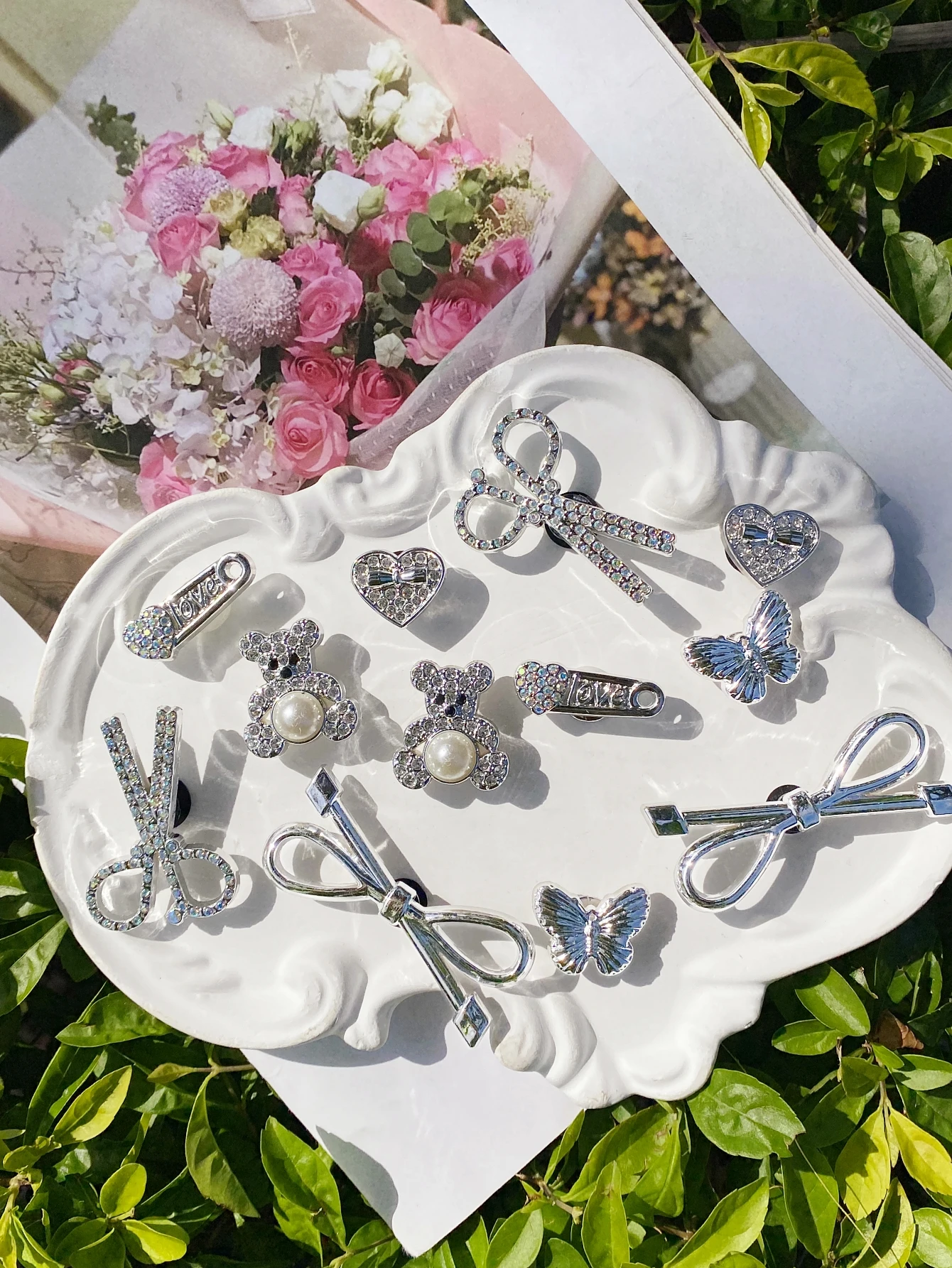 

12 fashionable silver (bow, scissors, bear, heart, butterfly) DIY accessories, suitable for detachable shoes such as crocs, sand