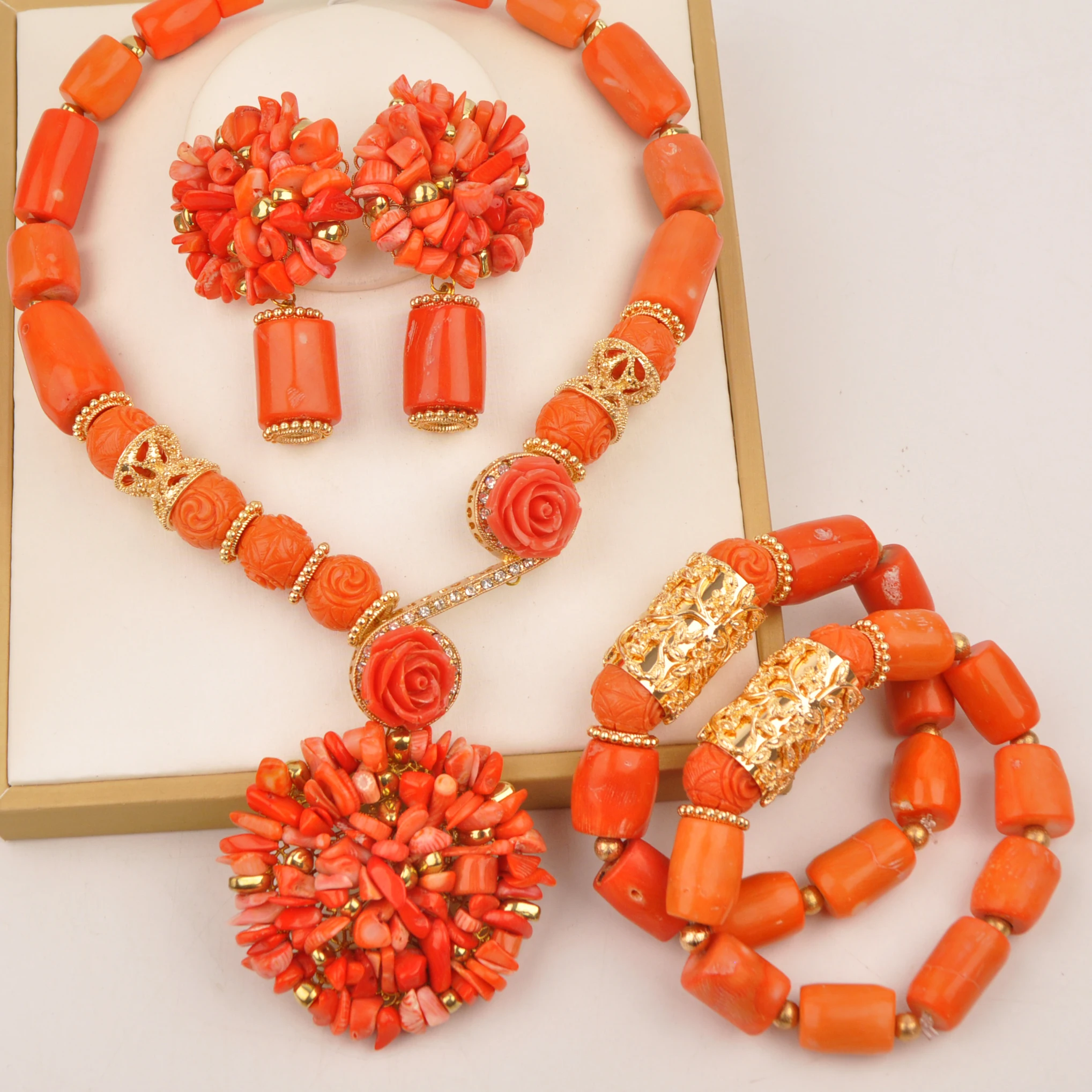 

Nature Orange Coral Bead Necklace Sets Nigerian Wedding African Beads Bridal Jewelry Sets