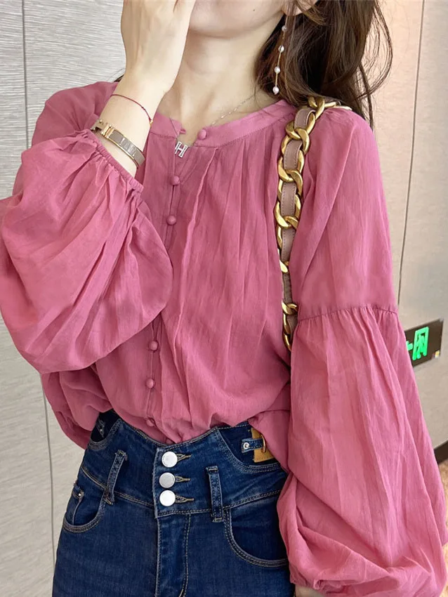 Lantern Sleeve Pink Shirt Women\'s Spring Wear 2023 New Fashion Shirt Women\'s Design Sense Chiffon Top