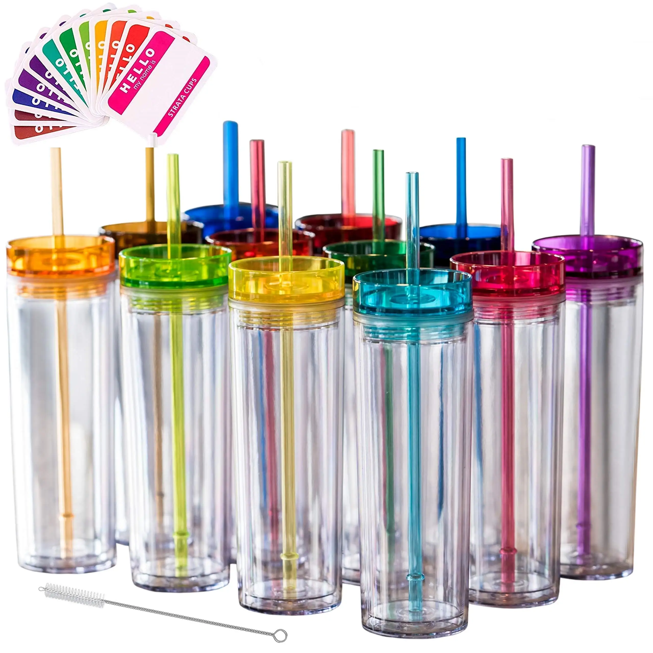 24 Colored Skinny Clear Tumbler with Lids and Straws 16oz Double Wall Clear Acrylic Tumblers Bulk With FREE Straw Cleaner & Name