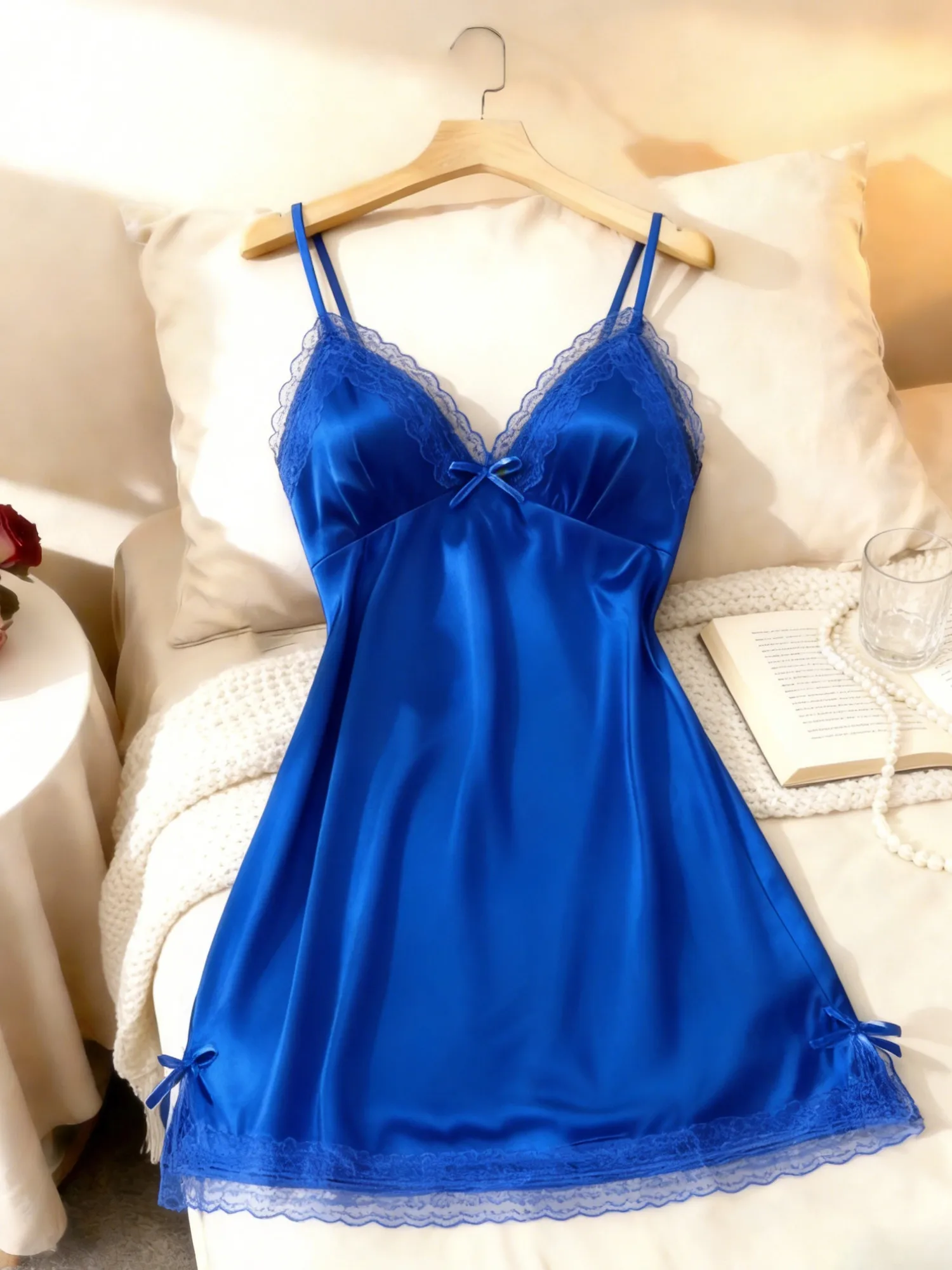 Women Lace Trim Camisole Nightgown V Neck Sleeveless Sleep Dress Soft Solid Color Sleepwear Loungewear Valentine Gift image 4