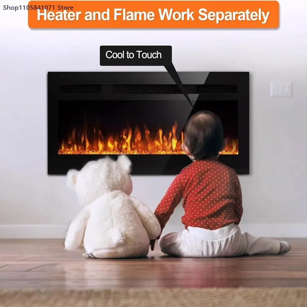 43 Inch 120V Modern Wall Mounted Electric Fireplace Realistic 3D LED Flame Wood Remote Control Low Noise Safe Indoor Use