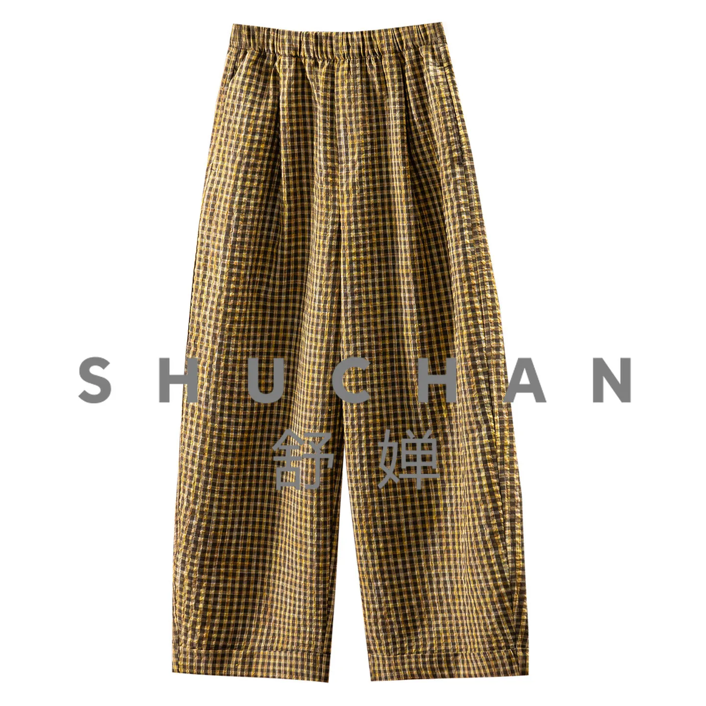 Plaid Pants Outer Leisure H Cabinet Yarn-dyed Plaid Wide-leg Nine-point Sickle Banana Pants Women 49L3