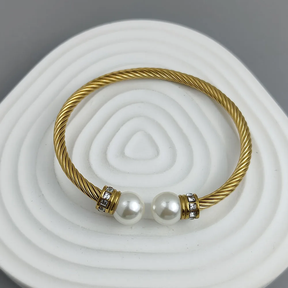 New steel wire button zircon pearl stainless steel gold-plated bracelet 18K, high quality waterproof couple bracelet, wife gift
