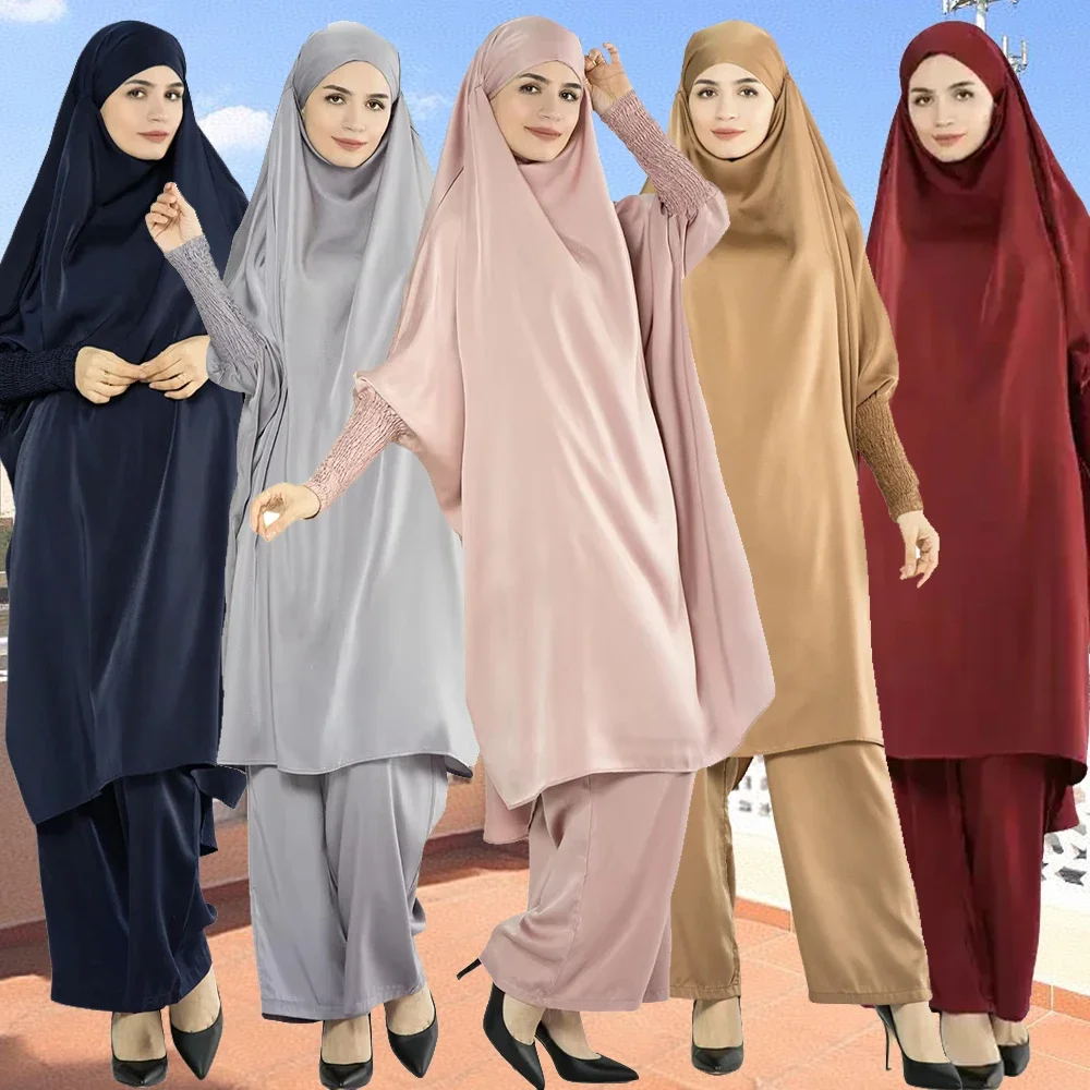

2 Pieces Muslim Women Kaftan Hijab Dress Prayer Garment Abaya Khimar Hooded Eid Djellaba Ramadan Gown Pants Sets Islam Clothing