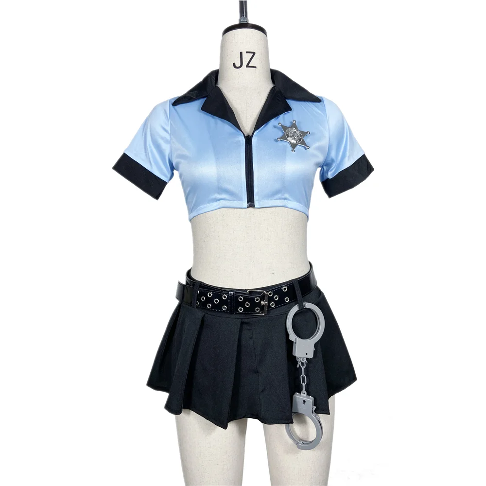 6Pcs Blue Sexy Policewoman Uniform Adult Women Halloween Party Cosplay Female Cop Officer Outfit Police Costume