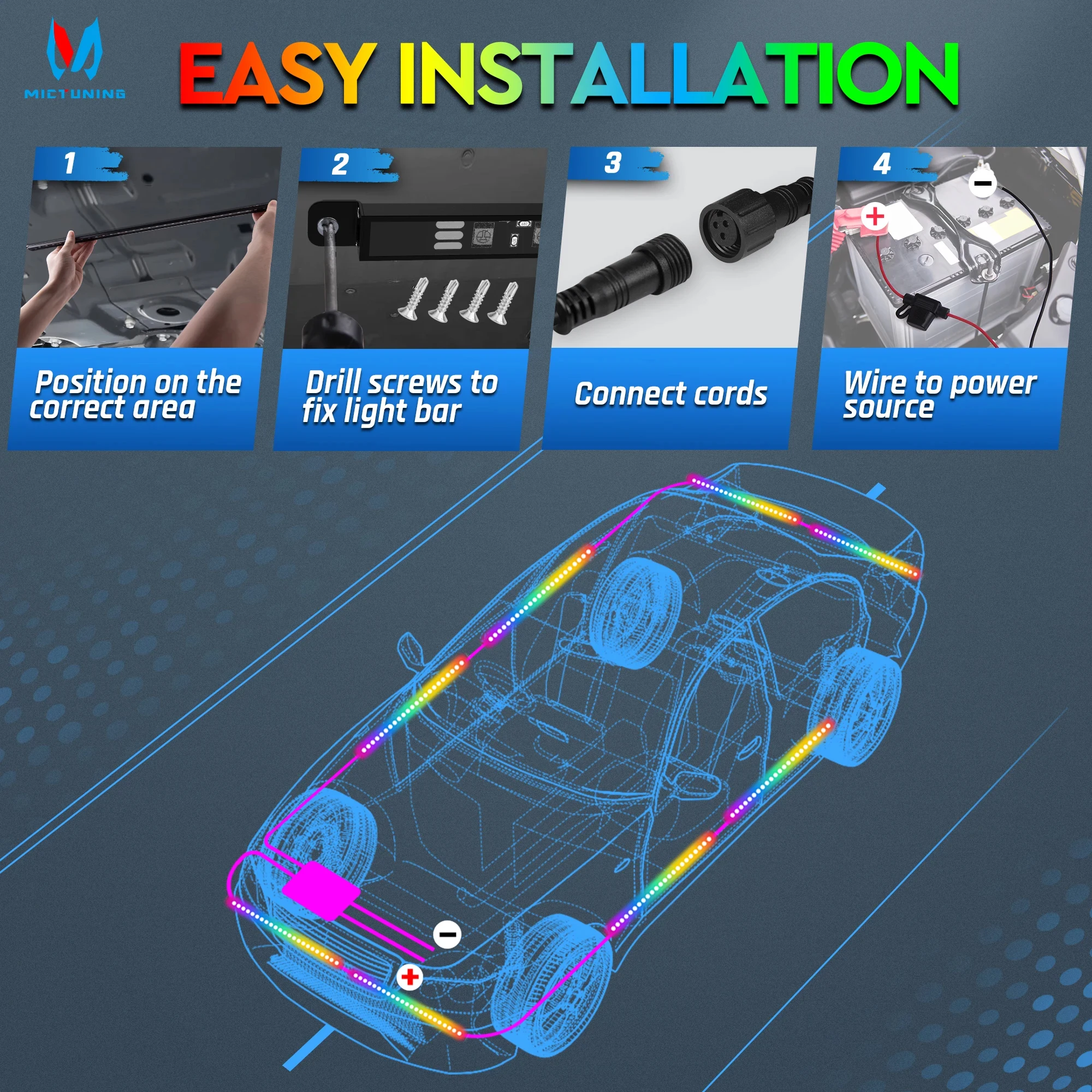 MICTUNING N8 Car Underglow Light Bar Kit, RGB+IC LED Light Strips With Wireless App & Remote Control Auto Atmosphere Decorative