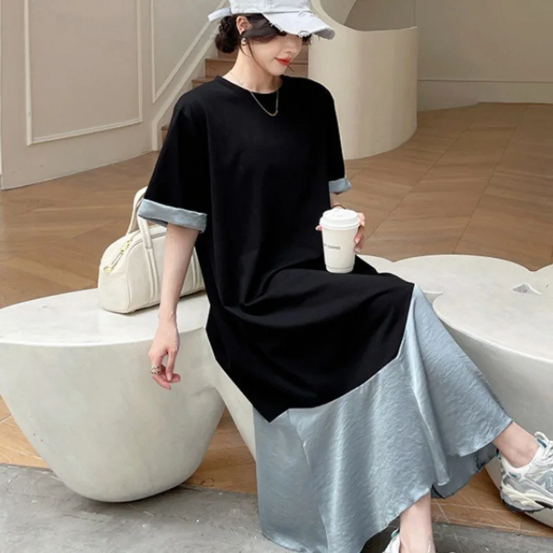 Vestido solto coreano 2025 verão novo longo algodão costura acetato cetim francês qualidade feminina rolo manga curta vestido