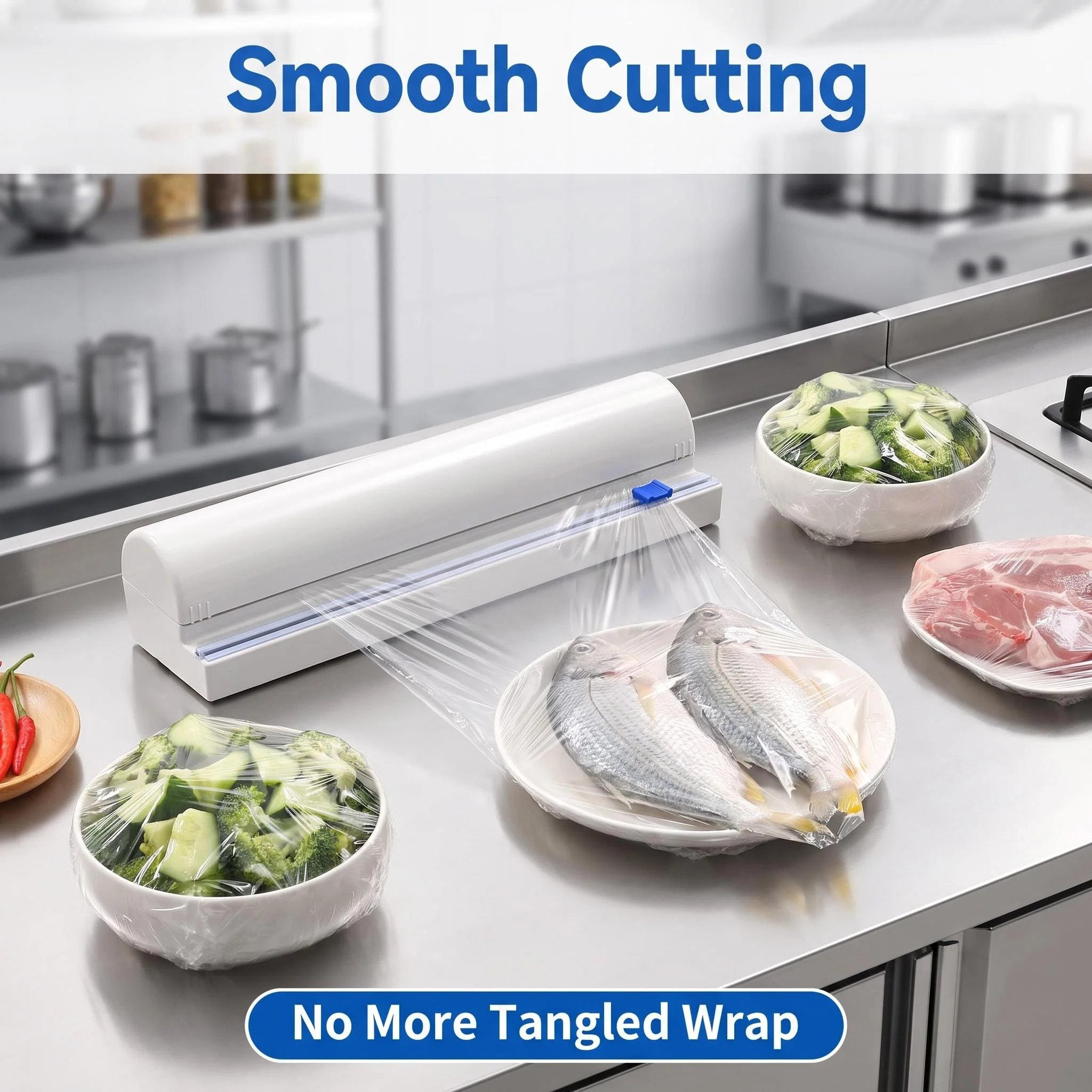 Storage Food Prep - 再利用可能なラップディスペンサー、隠しスライド式ブレード付き、キッチンでの食品準備や残り物の保管用シールクリップ付きプラスチックフィルムカッターホルダー