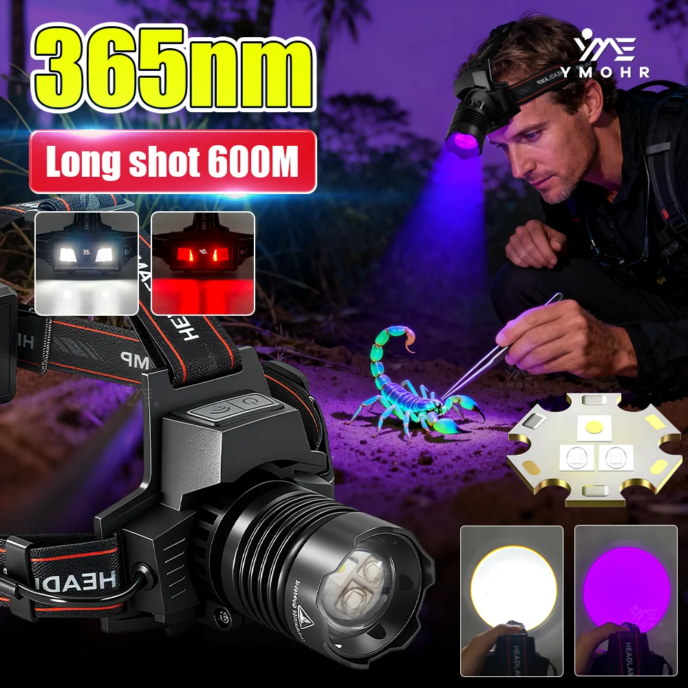 

UV Light Headlight White Laser Headlamp LED Rechargeable 18650 Battery High Power Headlight Waterproof Cap Light Camping Lantern