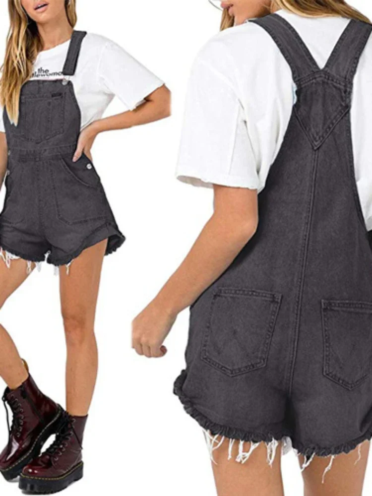 Barboteuses femmes jean Denim lavage une pièce solide Shorts poches droites décontracté ample bases épissé bouton en détresse 2025