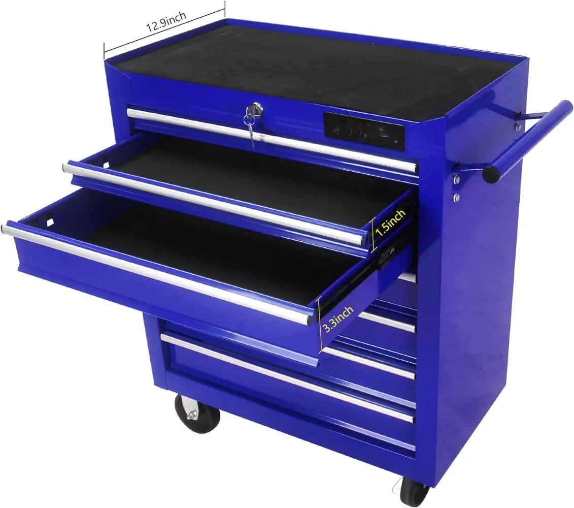 Rolling Chest, Drawer Box With Interlock System And Wheels For Garage, Warehouse, Workshop, Repair Shop (Blue, Drawers)