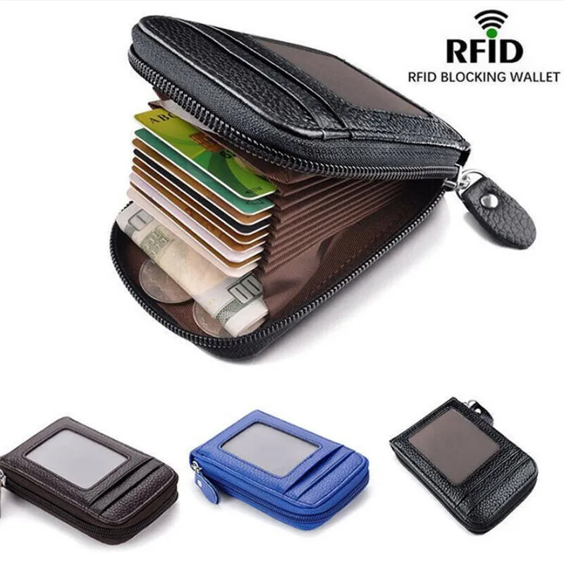 Men's Wallet Genuine Leather Credit Card Holder RFID Blocking Zipper Pocket Men bag Card Protect Case Pocket Purse Dropshipping