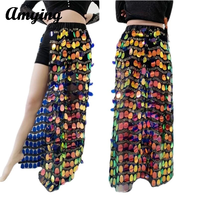 2024 Women Sexy Belly Dance Sequin Long Skirts Ladies Mermaid Wrapped Hip Long Dress Belly Dance Stage Performance Practice Suit