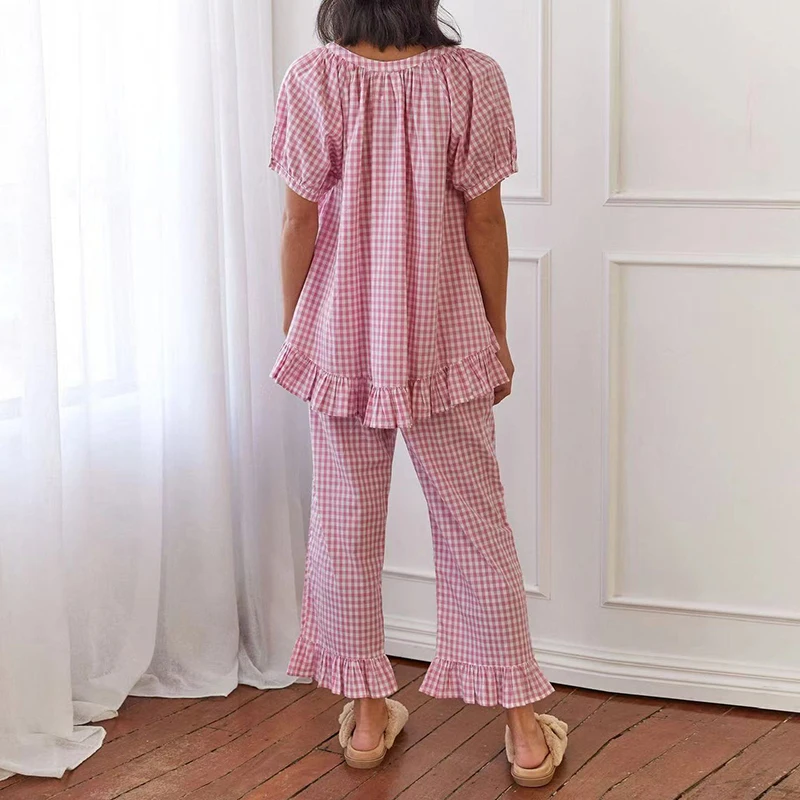 Spring Plaid Print Homewear Women Set Sexy Low Collar Button Ruffle Shirt Top Long Pants Outfit Summer Short Sleeve Leisure Suit