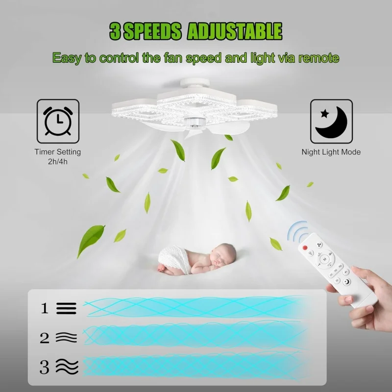 Smart LED Ceiling Fan Light 48W Energy Efficient with Remote Control 3 Speed Options 2/4H Timer for Living Room Bedroom E27