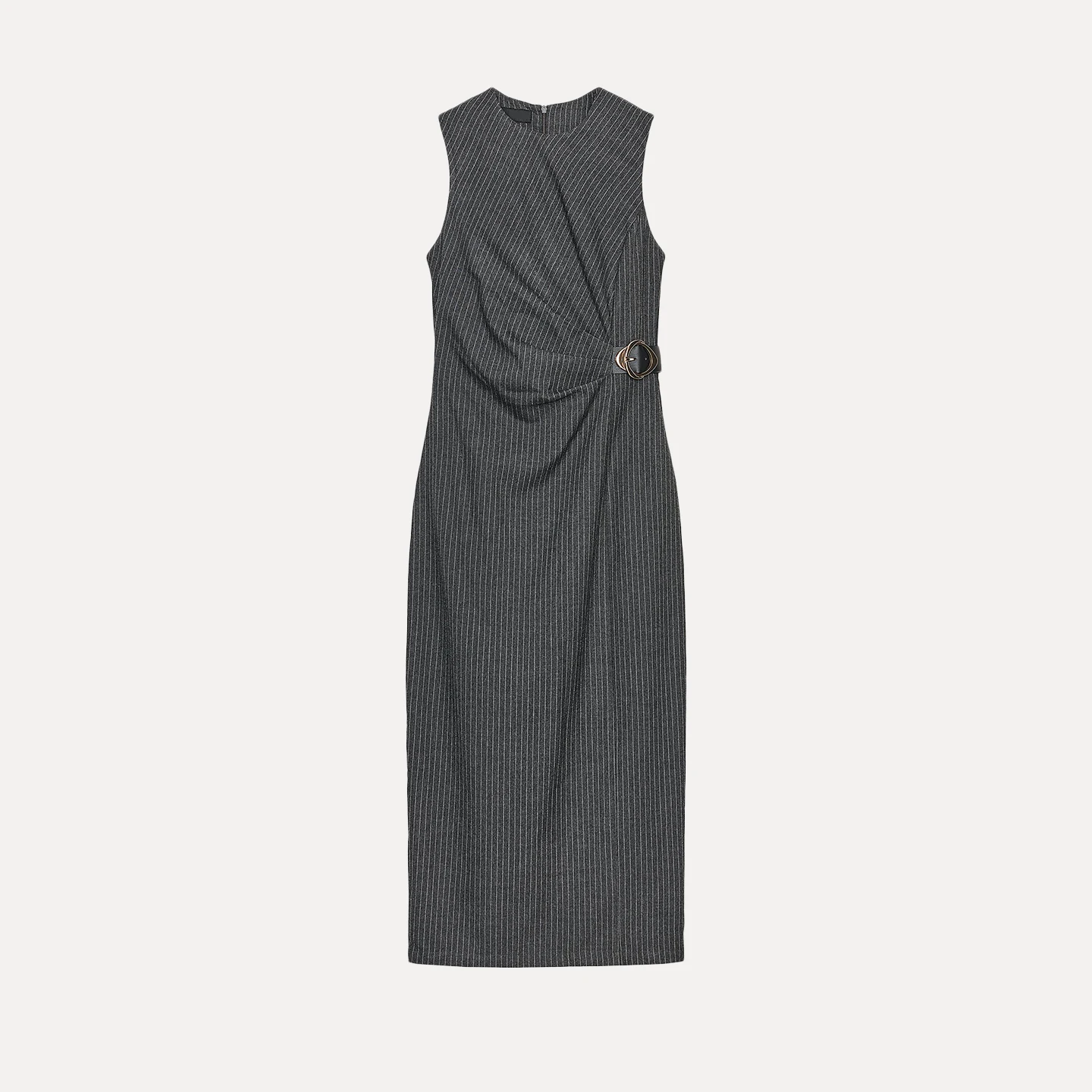 ファッショナブルなミディドレス Z レディース ノースリーブ ストライプデザイン バックルディテール カジュアルスタイル ラウンドネックライン 秋コレクション