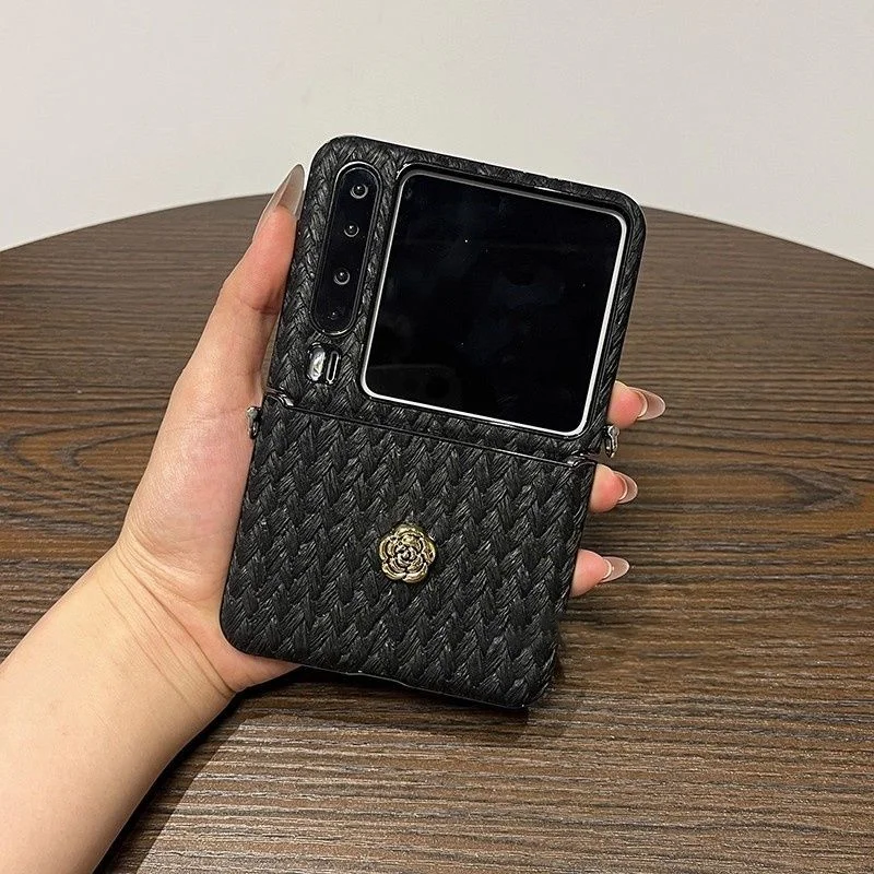 3D Weave Leather Black Women Flip Case For Samsung Galaxy Z Flip7 6 5 4 / Mix Flip Cases With Silk Scarf Hand Chain Crossbody