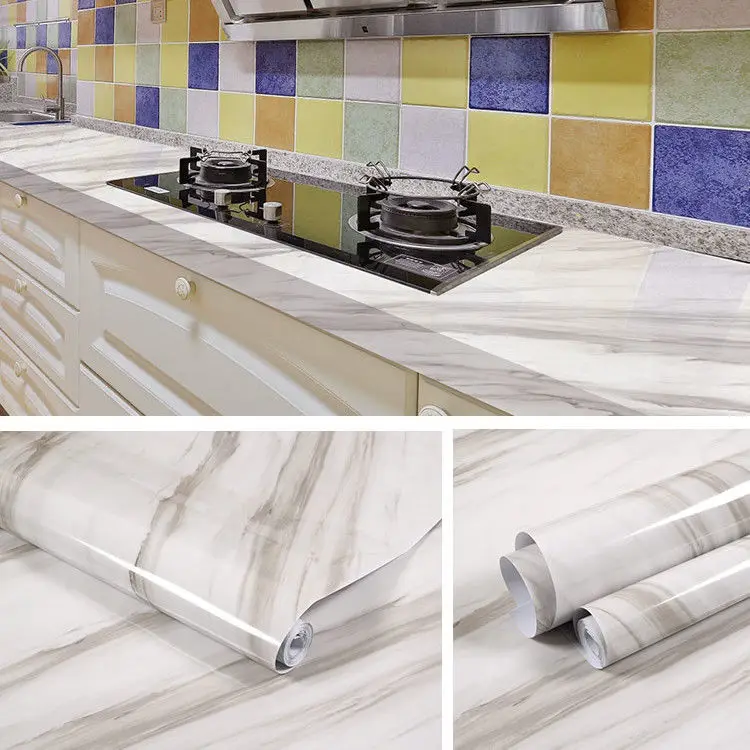 Kitchen DIY Self-Adhesive Waterproof Oil-proof PVC Wall Stickers Cabinets Countertop Wallpaper Bathroom Desktop Renovation Films