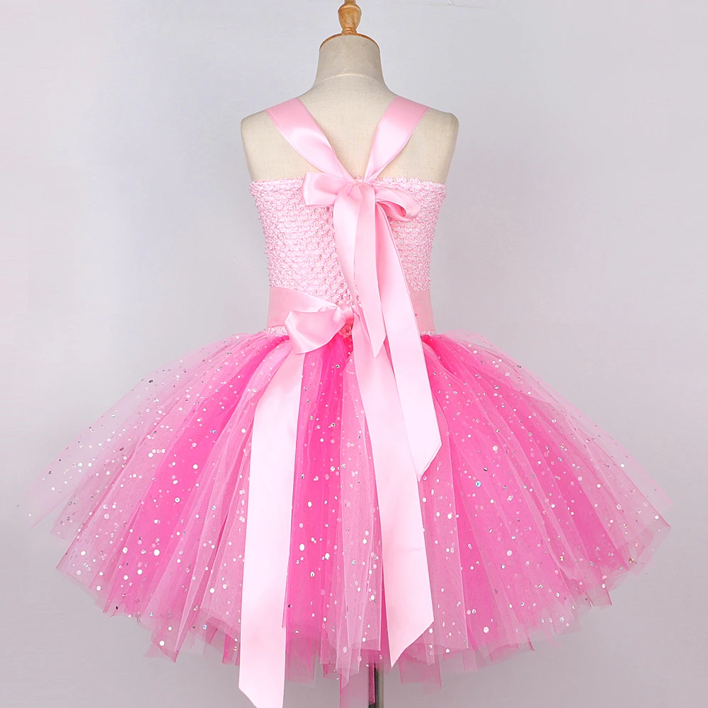 Sparkly Pink Fairy Tutu Dress for Girls Birthday Halloween Costumes for Kids Butterfly Wings Outfit Flower Girl Princess Dresses