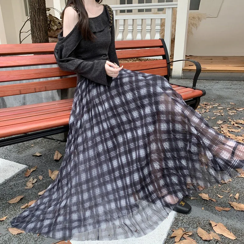 

Винтажные юбки в клетку из сетки для женщин, весенняя одежда, ретро, асимметричный подол, плиссированные длинные юбки, летние пляжные юбки, уличная мода