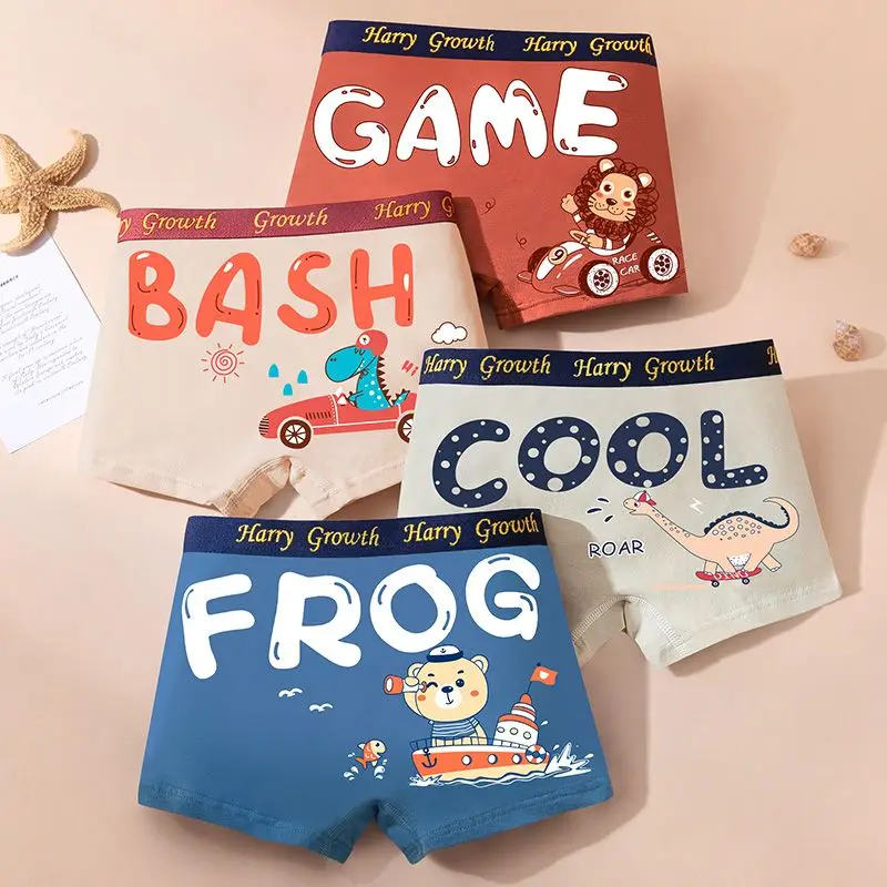 Kids Boys Letter Printed Underwear 2026 New Children Casual Cartoon Underpants 4Pcs/1Set Cute Cotton Boxers Dino Pattern Panties