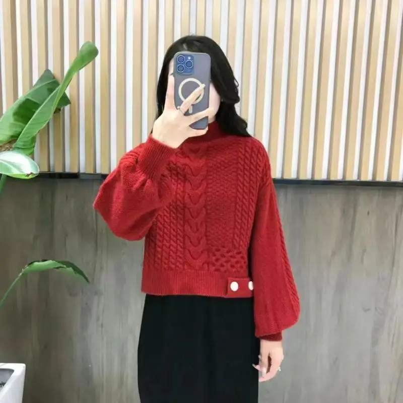Maglione intrecciato collo mezzo alto pullover addensato autunno e inverno maglia allentata dimagrante nuovo top a maniche lunghe E11594
