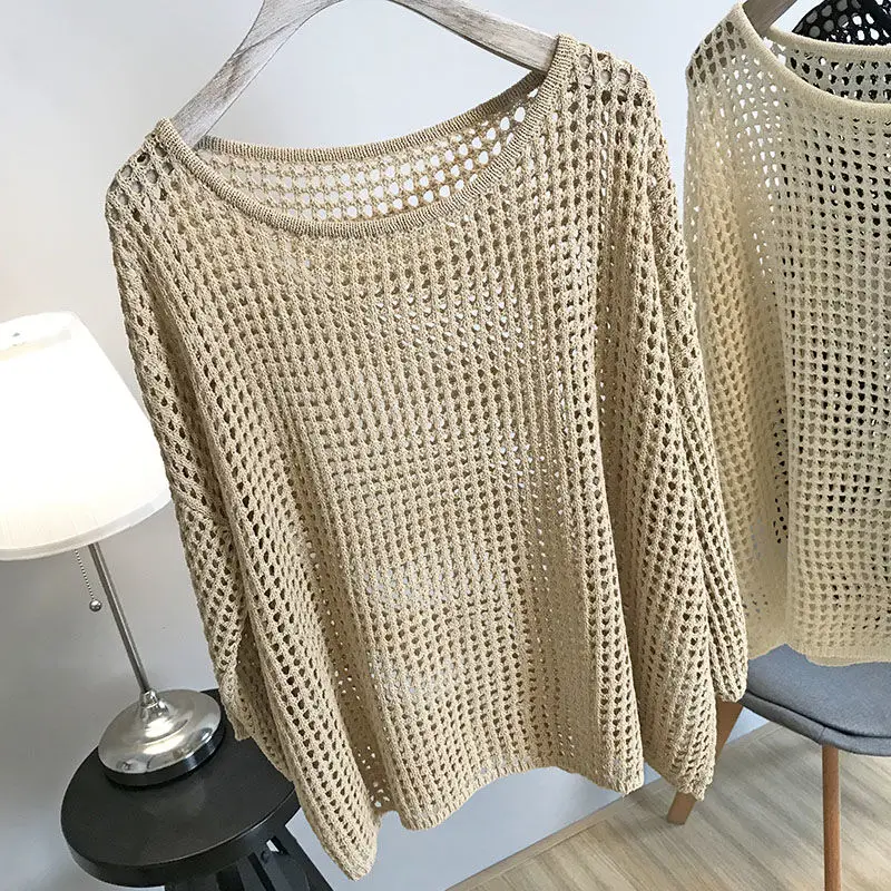 Summer Knit Mesh Sweaters Hollowed Out T-shirts Korean Long Bat Sleeve O-neck Tops Sunscreen Tees Off-white Mujer Women Pullover