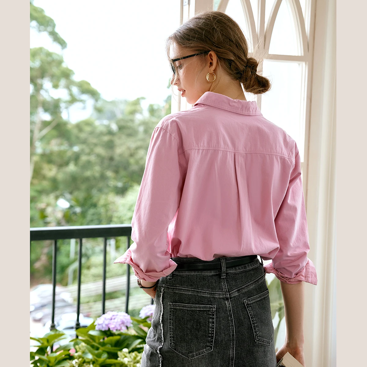 OLrain 100% Cotton French Shirt Women's 2025 Autumn Turn Down Collar Long Sleeve Blouse Casual Solid Loose Fit Tops O24QC92953