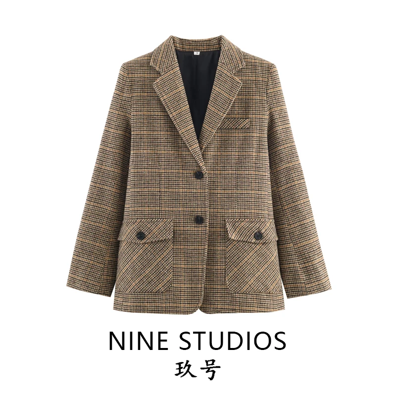 

NINE ZAR Women's Casual Mid-Length Suit Jaet Loose Fit with Button ket Versatile Che Pattern European Sle Long Sve