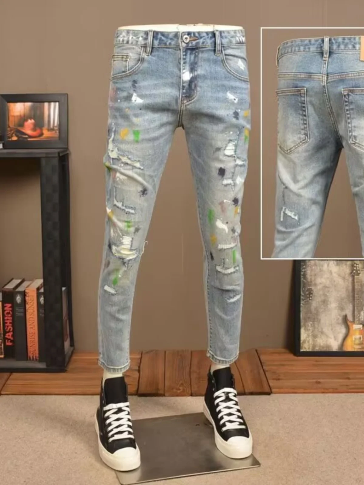 

Весенне-осенние мужские модные эластичные облегающие джинсы с дырками, повседневная одежда с окрашенным узором, молодежная одежда со стандартной талией