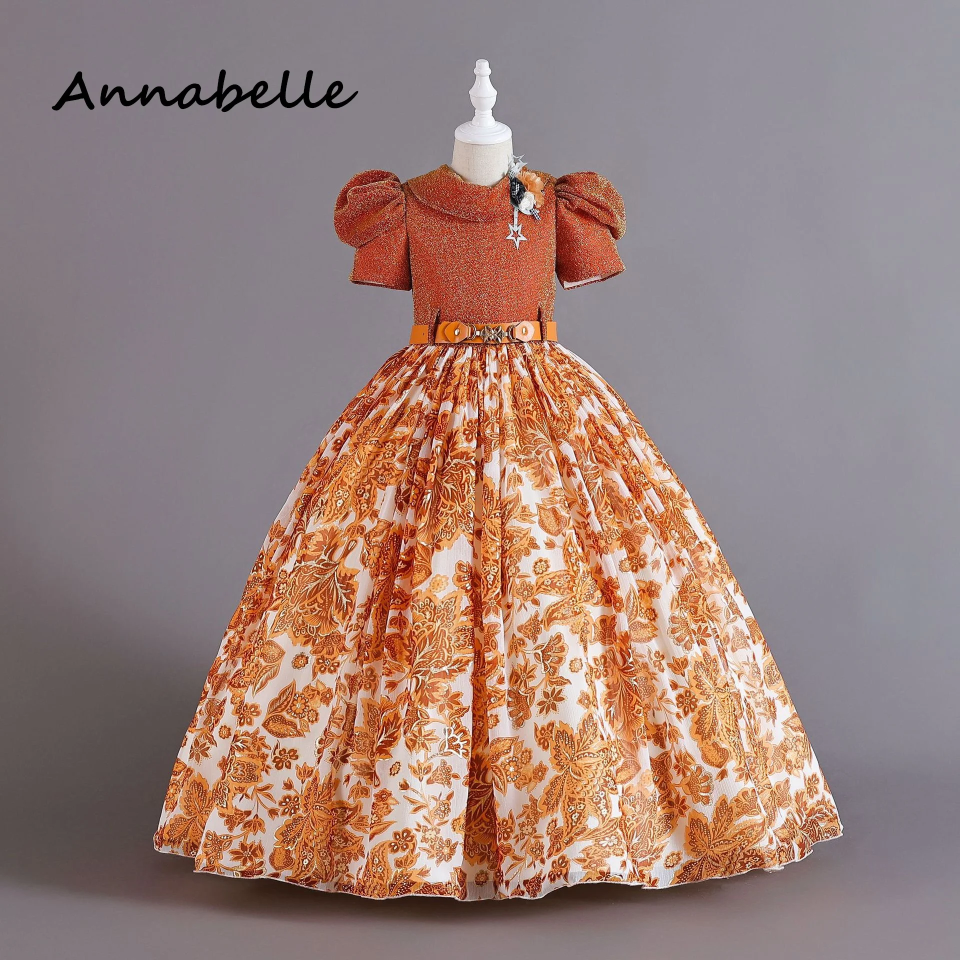 Annabelle-Vestido Puffy com renda para menina, vestido arco para festa de casamento, roupa infantil elegante de princesa