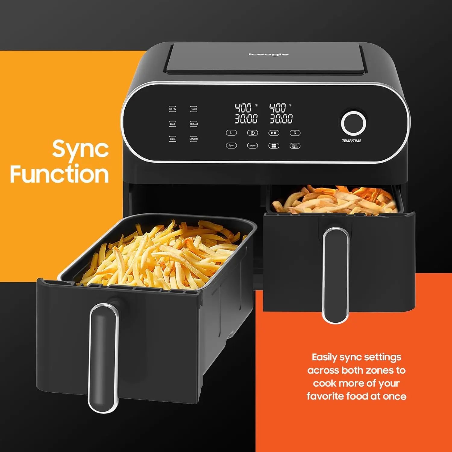 Fryer 11 Quart with 2 Frying Baskets - Dual Zone with Knob | Sync & Dual Cook Functions to Fry, Roast, Broil, Reheat and Dehydra