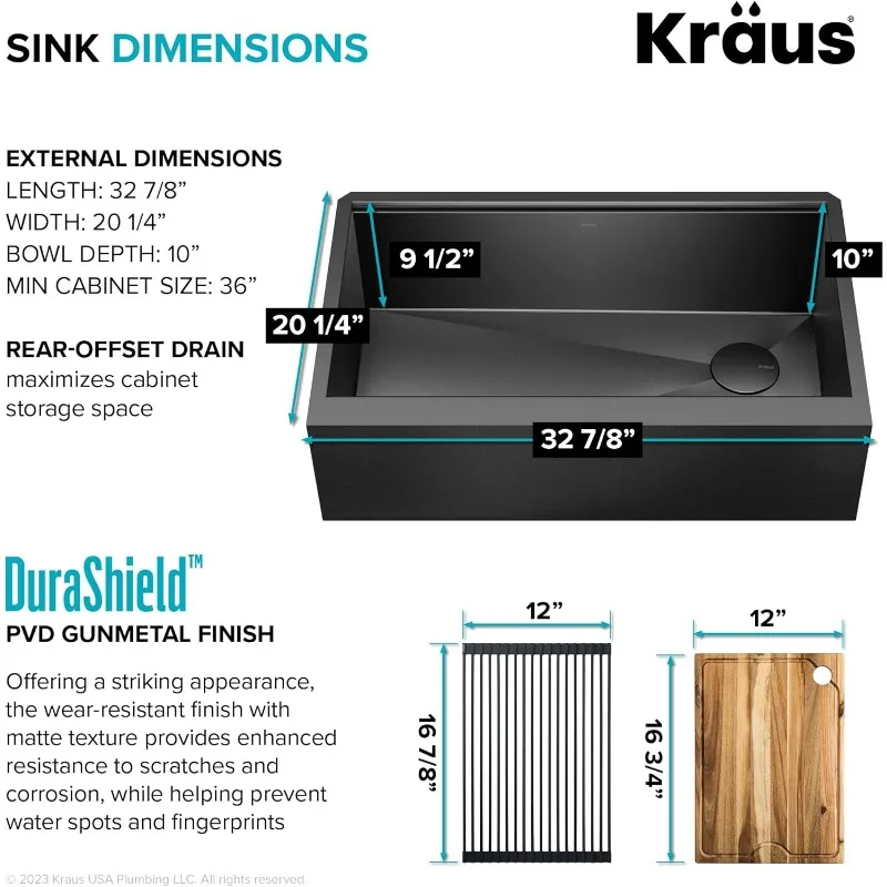 KRAUS Kore Workstation 33-inch Farmhouse Apron Front 16 Gauge Black Stainless Steel Single Bowl Kitchen Sink