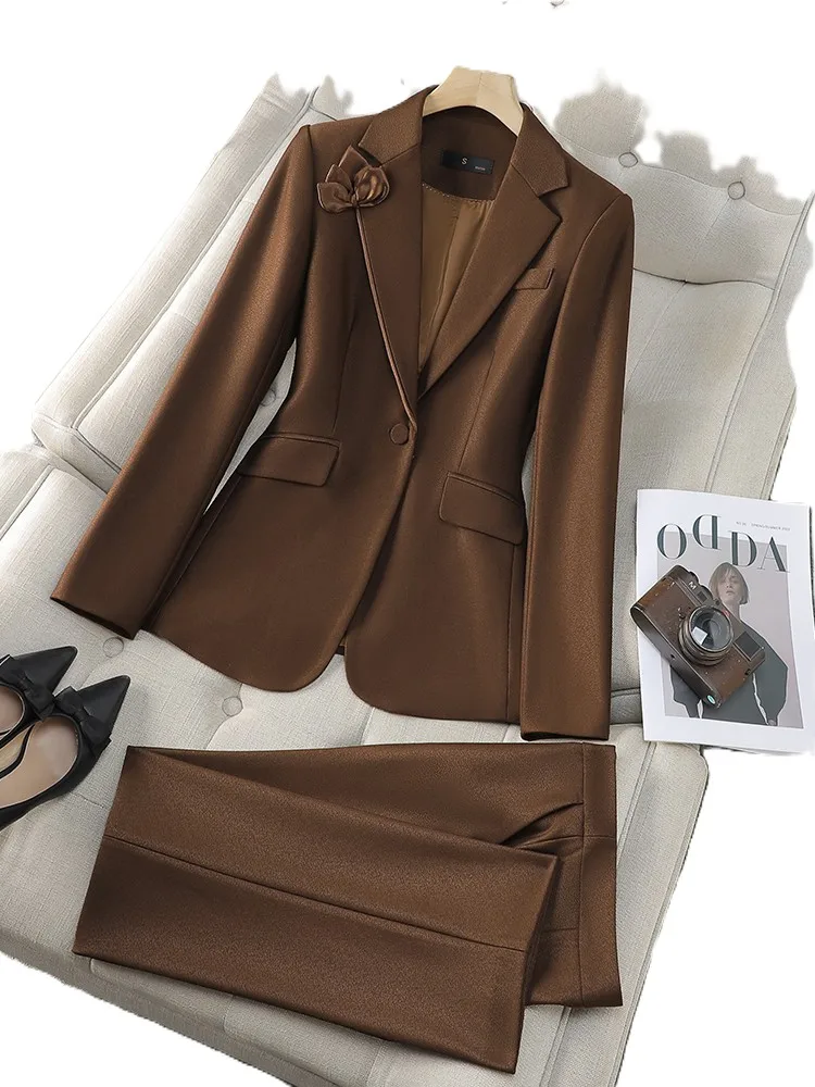 Herfst Winter Bruin Abrikoos Vrouwen Broekpak Kantoor Dames Vrouwelijke Zakelijke Werkkleding 2-delige Set Formele Blazer Jas En Broek