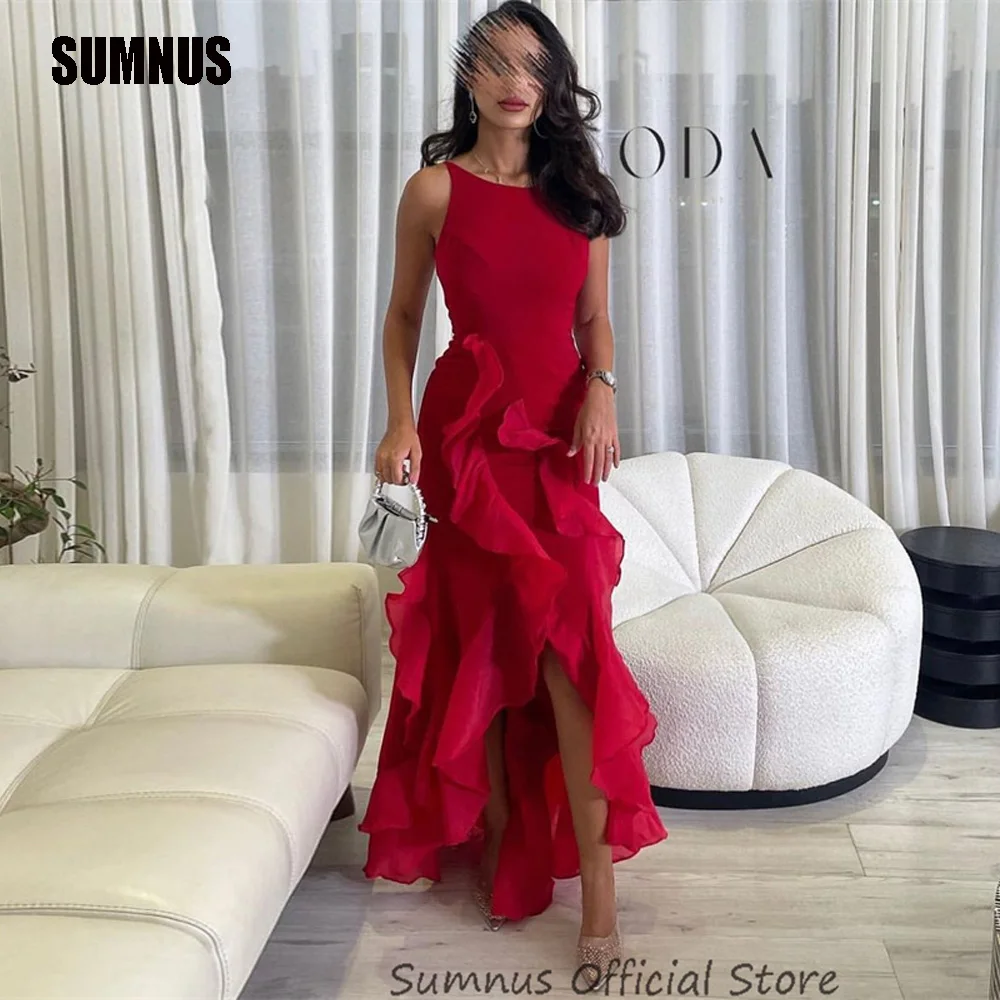 SUMNUS Dubai Arabic Red Formal Party Gowns Elegant Sleeveless Mermaid Prom Dresses Sexy Ruffles Evening Gown Robe De Soirée