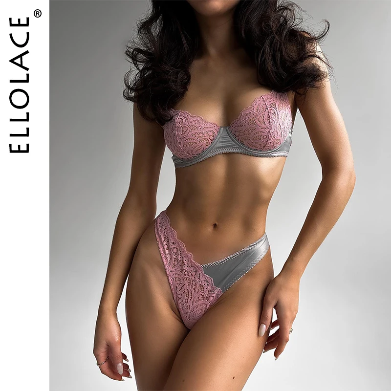 Ellolace Sexy Lingerie Outfit Patchwork Lace Intimate Set Silk Fine Underwear See Through Bra Sex Suit Fancy Erotic Briefs kit