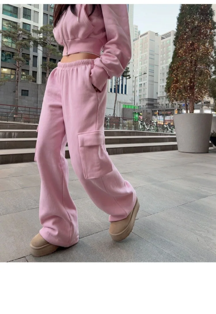 Side Pockets Straight Wide Leg Sweatpants Female Vintage Casual Loose Solid Colors Fleece Cargo Pants Women Streetwear Trousers