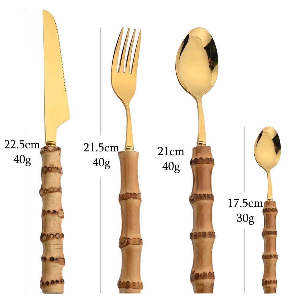 AJOYOUS Gold Cutlery Set 16/24Pcs Kitchen Mirror Stainless Steel Cutlery with Bamboo Handle Dinner Knife Fork Spoon Dinnerware