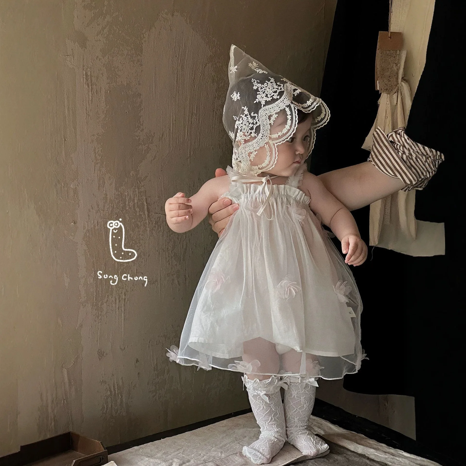 children's clothing summer Korean 2026  baby girl baby cute three-dimensional small flower embellishment mesh skirt