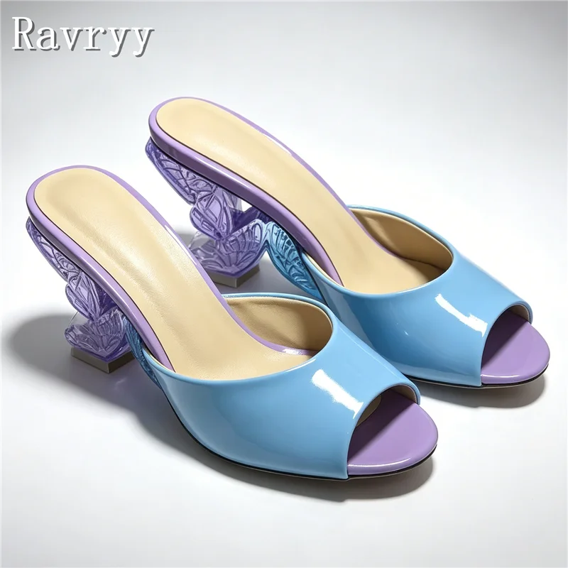 Unique Design Crystal Butterfly Heels Mules Women Brand New Peep Toe Pathen Leather High Heels Mules for Wedding Party Dress