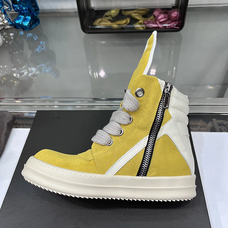 Leather High Top Yellow Shoes Zip Thick Sole Ro Jumbo Lace Up Geobasket Brand Flat Luxury Sneakers Ankle Casual Motorcycle Boots