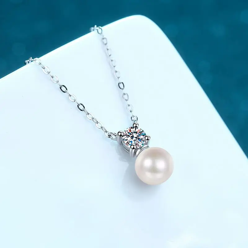 S925 Sterling Silver Collar Chain 8mm Pearl 0.5ct Moissanite Necklace for Women image 4