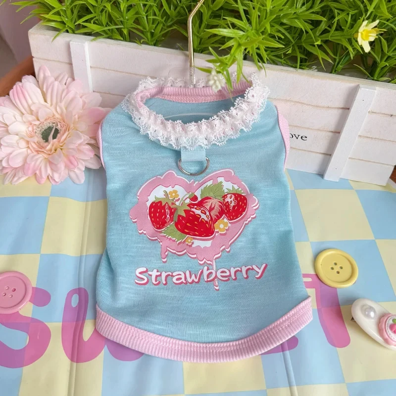 Cute Strawberry Pet Vest with Lace Collar Soft Cotton Dog Clothes for Small Medium Dogs Cats Puppy